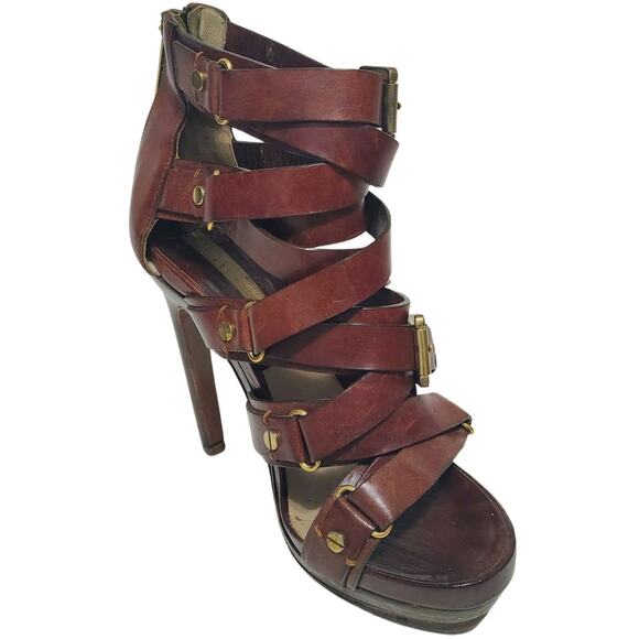 Michael Kors Collection Extreme Strap Brown Leather Platform Gladiator Size 9.5 - Picture 6 of 13